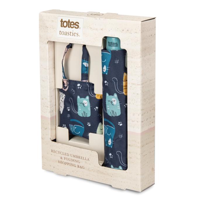 totes® Supermini & Matching Bag in Bag Umbrella Shopper Cat Print ( 3 Section ) Extra Image 1